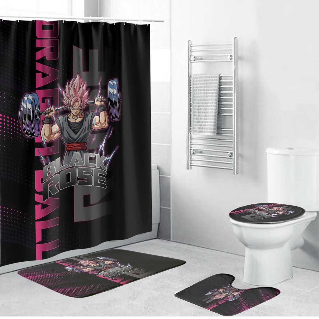 Goku Black Rose Dragon Ball Gym Theme Bathroom Set with Dumbbell Power Lift and Pink Electric Aura on Black Design - The Mazicc