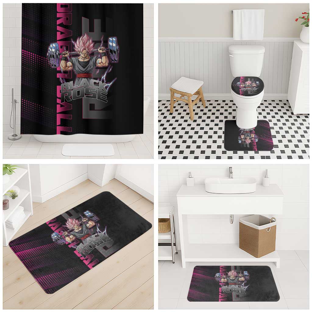 Goku Black Rose Dragon Ball Gym Theme Bathroom Set with Dumbbell Power Lift and Pink Electric Aura on Black Design - The Mazicc