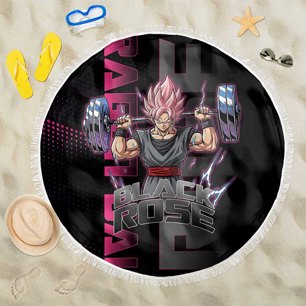 Goku Black Rose Dragon Ball Gym Theme Beach Blanket with Dumbbell Power Lift and Pink Electric Aura on Black Design - The Mazicc