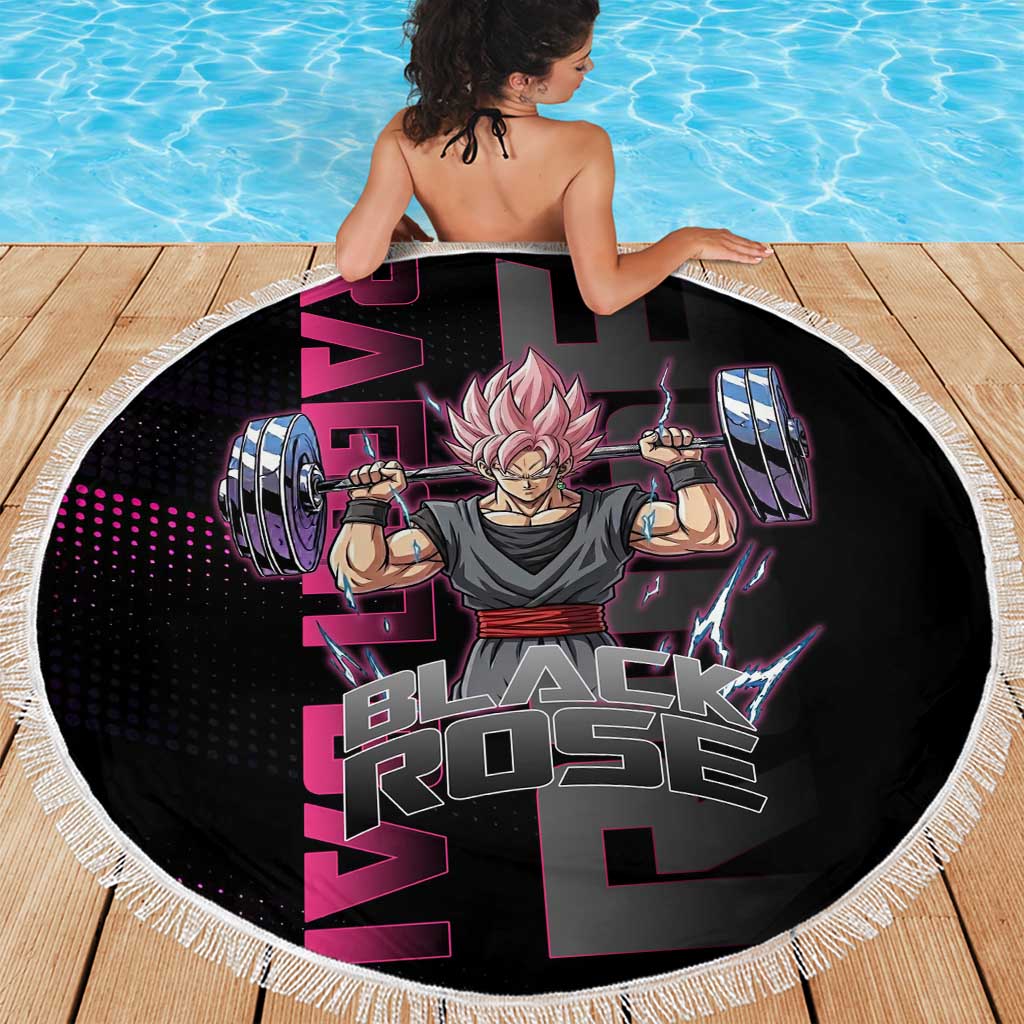 Goku Black Rose Dragon Ball Gym Theme Beach Blanket with Dumbbell Power Lift and Pink Electric Aura on Black Design - The Mazicc