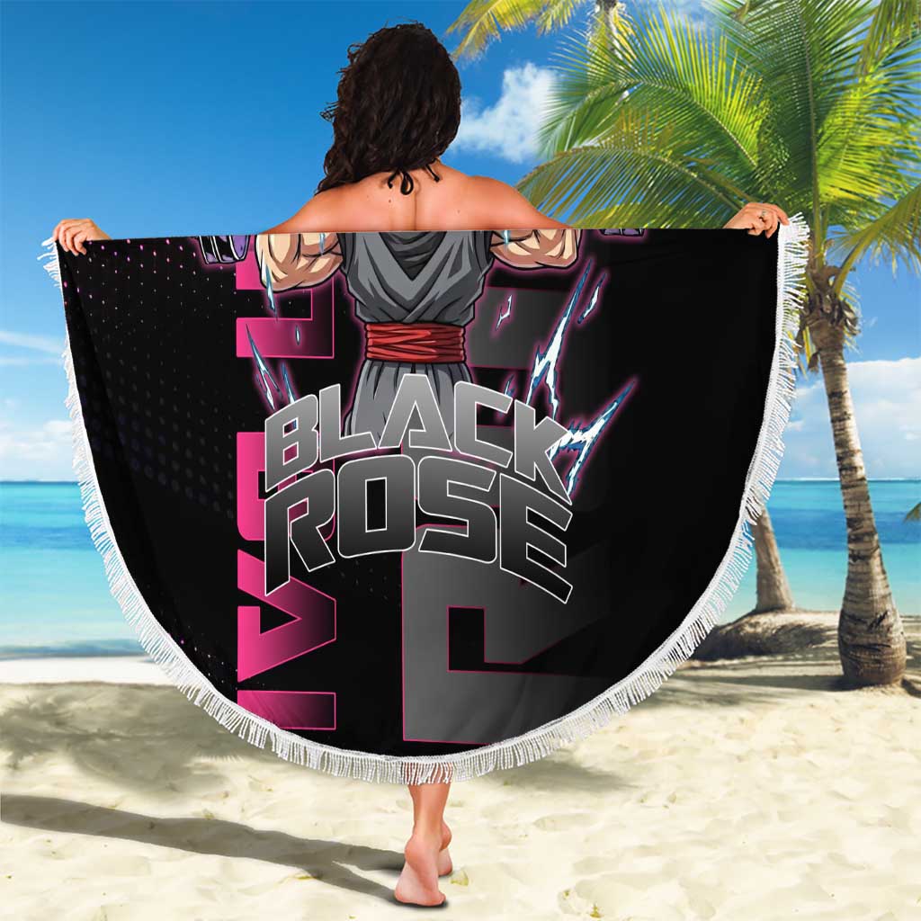 Goku Black Rose Dragon Ball Gym Theme Beach Blanket with Dumbbell Power Lift and Pink Electric Aura on Black Design - The Mazicc