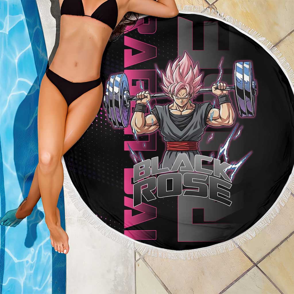 Goku Black Rose Dragon Ball Gym Theme Beach Blanket with Dumbbell Power Lift and Pink Electric Aura on Black Design - The Mazicc