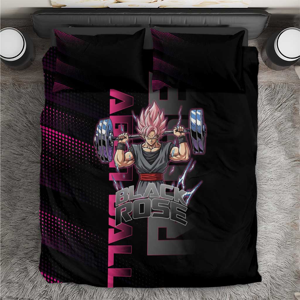 Goku Black Rose Dragon Ball Gym Theme Bedding Set with Dumbbell Power Lift and Pink Electric Aura on Black Design - The Mazicc