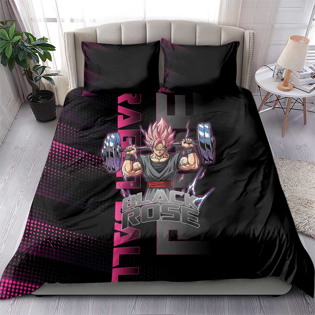 Goku Black Rose Dragon Ball Gym Theme Bedding Set with Dumbbell Power Lift and Pink Electric Aura on Black Design - The Mazicc