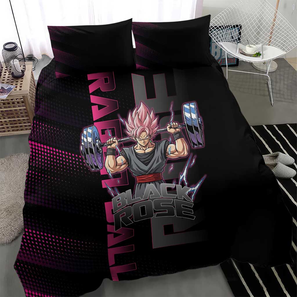 Goku Black Rose Dragon Ball Gym Theme Bedding Set with Dumbbell Power Lift and Pink Electric Aura on Black Design - The Mazicc