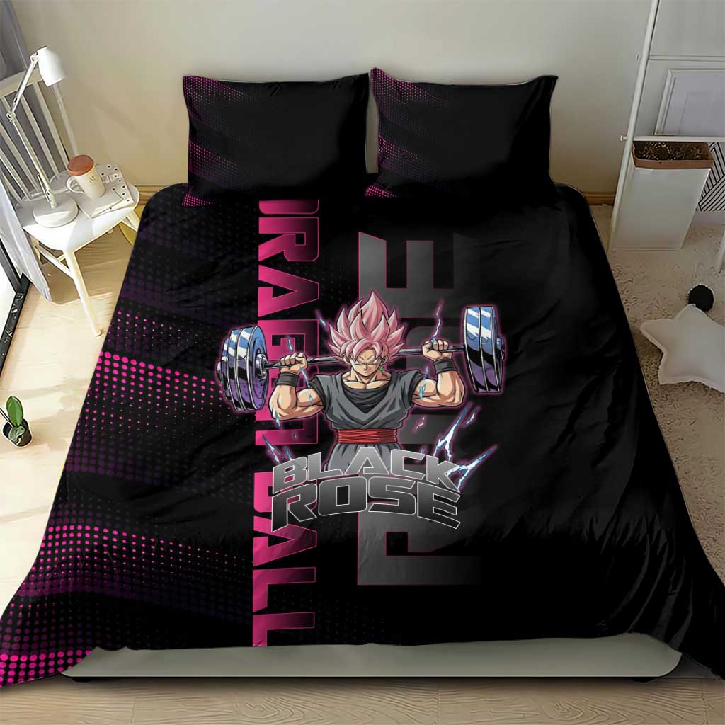 Goku Black Rose Dragon Ball Gym Theme Bedding Set with Dumbbell Power Lift and Pink Electric Aura on Black Design - The Mazicc