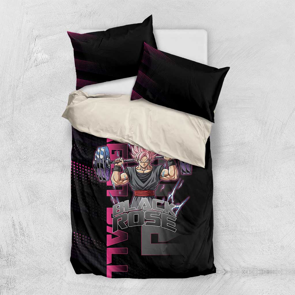 Goku Black Rose Dragon Ball Gym Theme Bedding Set with Dumbbell Power Lift and Pink Electric Aura on Black Design - The Mazicc