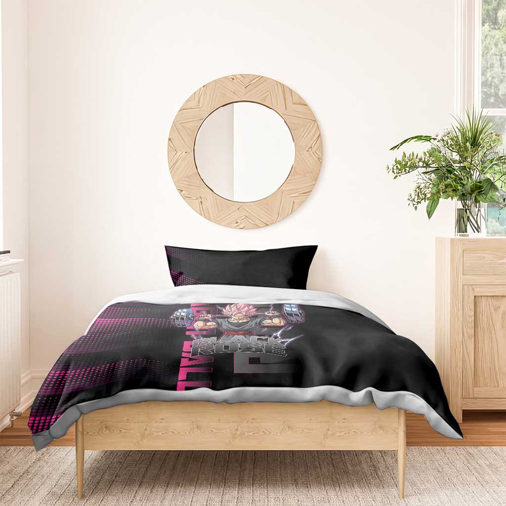 Goku Black Rose Dragon Ball Gym Theme Bedding Set with Dumbbell Power Lift and Pink Electric Aura on Black Design - The Mazicc