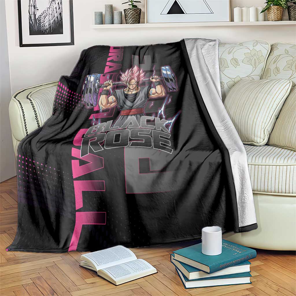 Goku Black Rose Dragon Ball Gym Theme Blanket with Dumbbell Power Lift and Pink Electric Aura on Black Design - The Mazicc