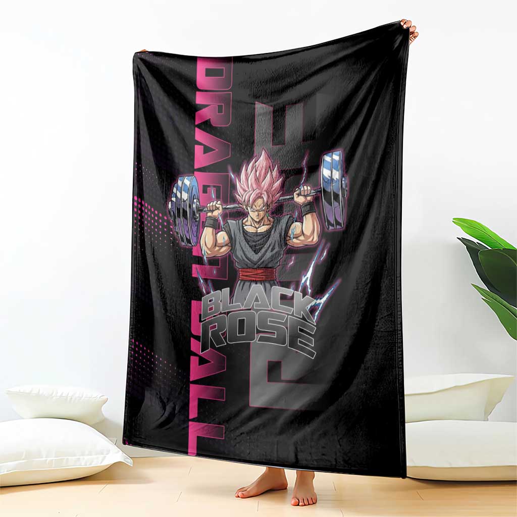 Goku Black Rose Dragon Ball Gym Theme Blanket with Dumbbell Power Lift and Pink Electric Aura on Black Design - The Mazicc