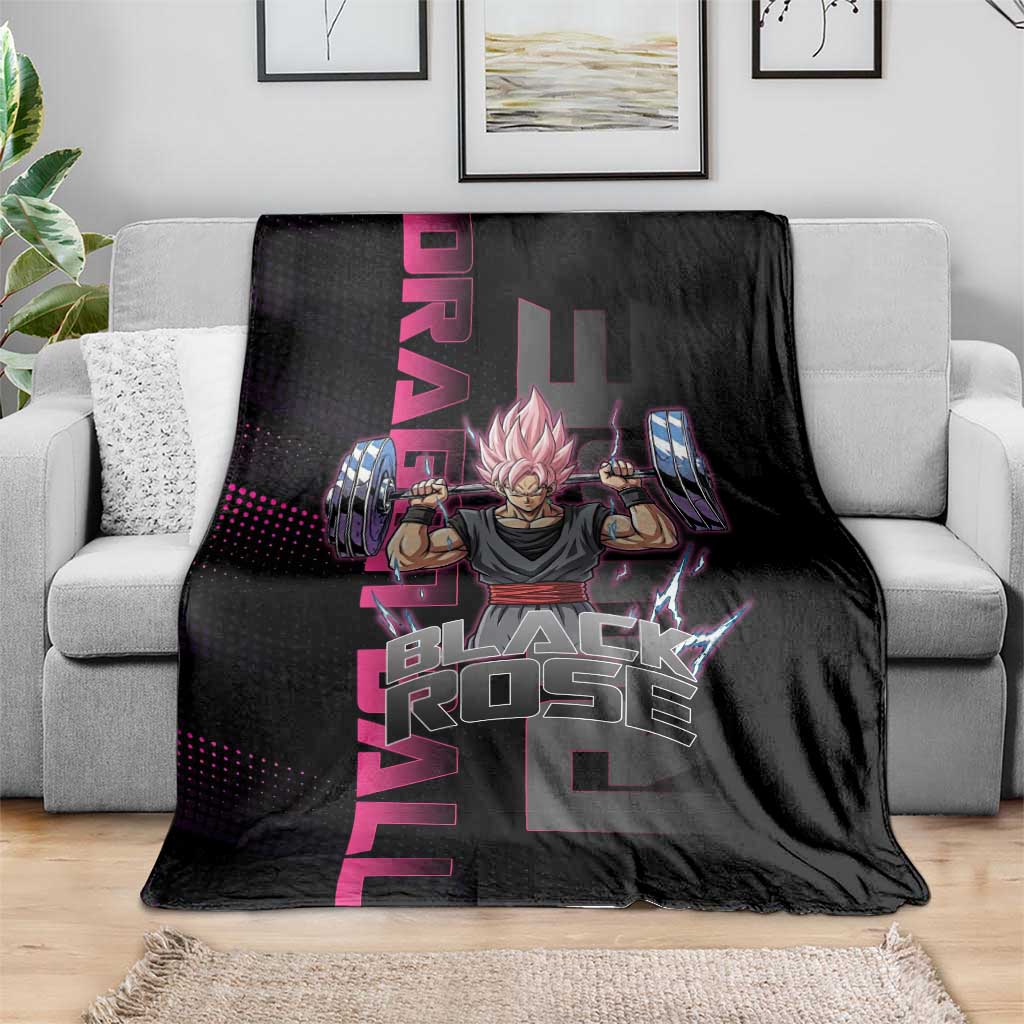 Goku Black Rose Dragon Ball Gym Theme Blanket with Dumbbell Power Lift and Pink Electric Aura on Black Design - The Mazicc