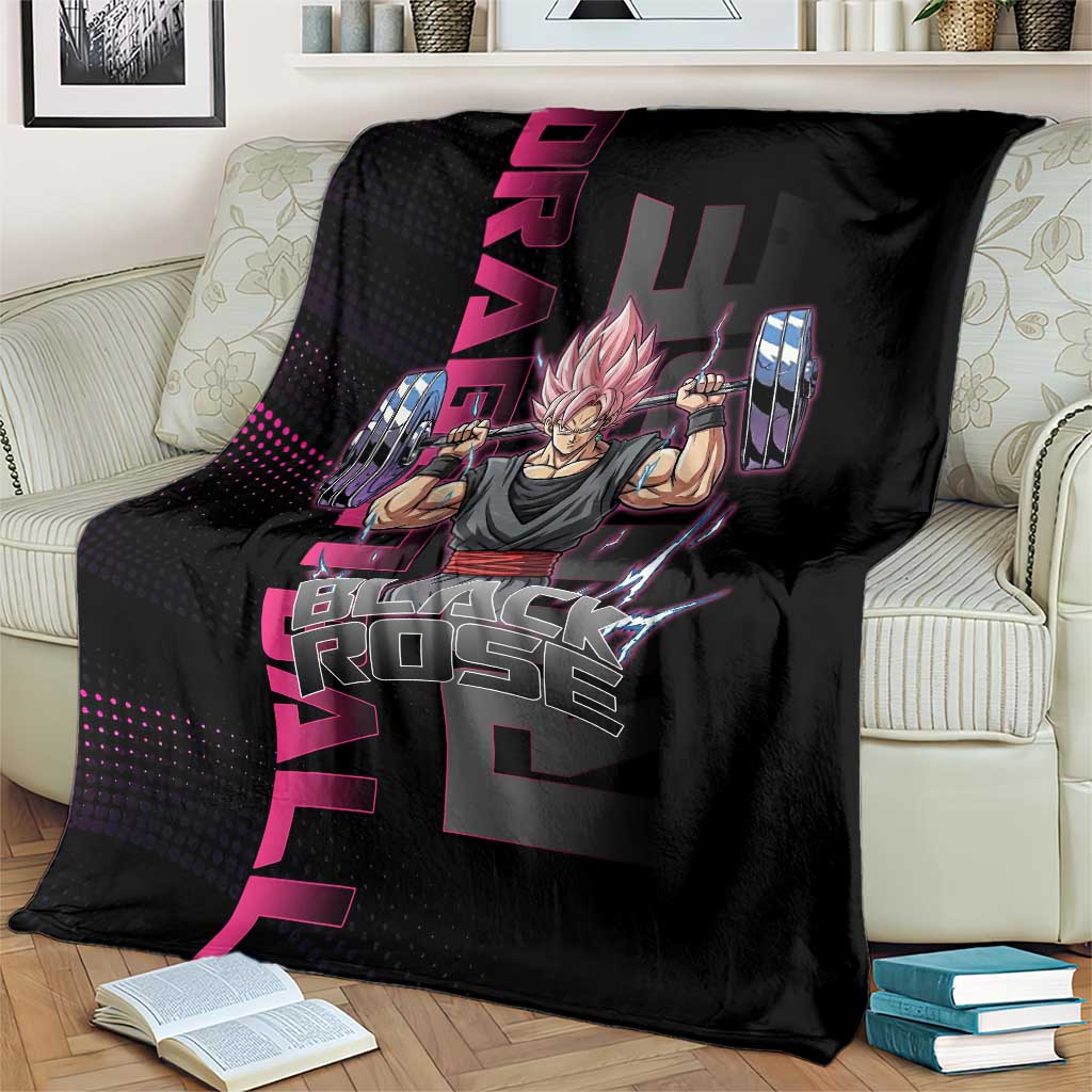 Goku Black Rose Dragon Ball Gym Theme Blanket with Dumbbell Power Lift and Pink Electric Aura on Black Design - The Mazicc