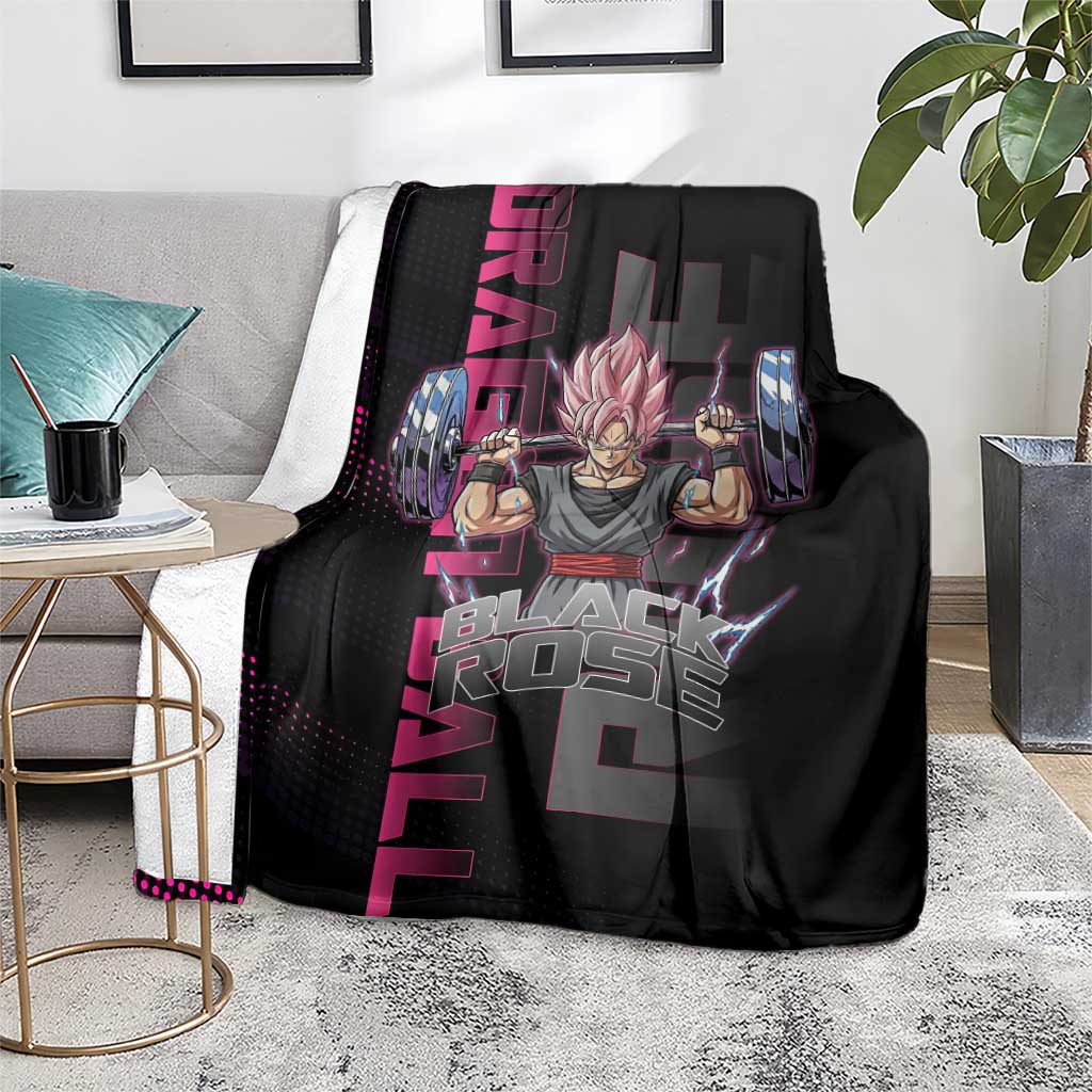 Goku Black Rose Dragon Ball Gym Theme Blanket with Dumbbell Power Lift and Pink Electric Aura on Black Design - The Mazicc