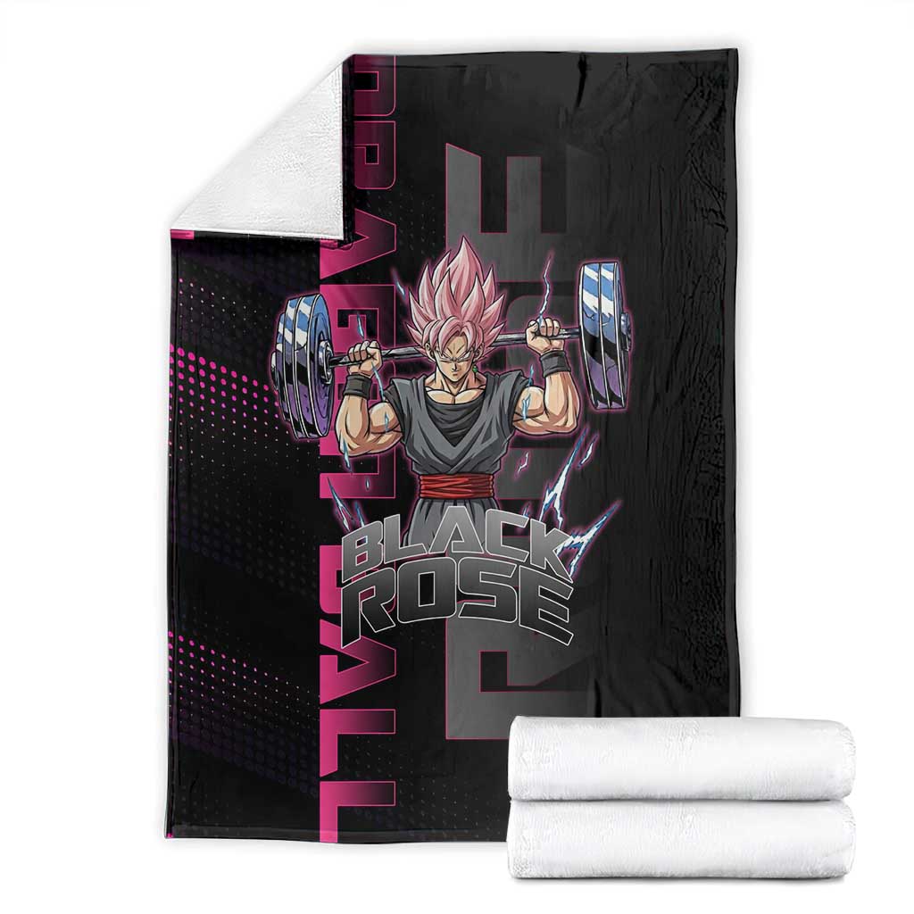 Goku Black Rose Dragon Ball Gym Theme Blanket with Dumbbell Power Lift and Pink Electric Aura on Black Design - The Mazicc