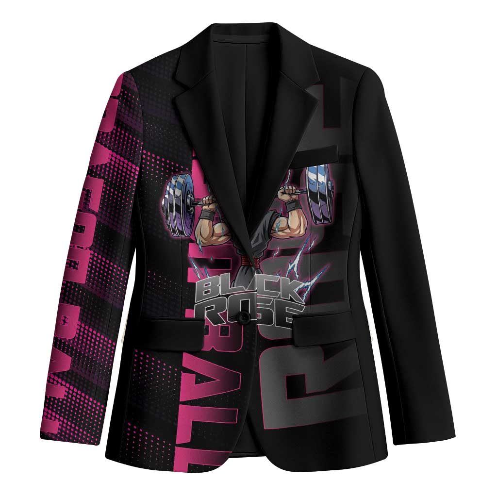 Goku Black Rose Dragon Ball Gym Theme Blazer with Dumbbell Power Lift and Pink Electric Aura on Black Design - The Mazicc