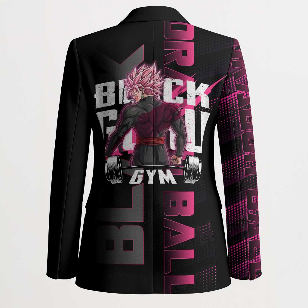 Goku Black Rose Dragon Ball Gym Theme Blazer with Dumbbell Power Lift and Pink Electric Aura on Black Design - The Mazicc