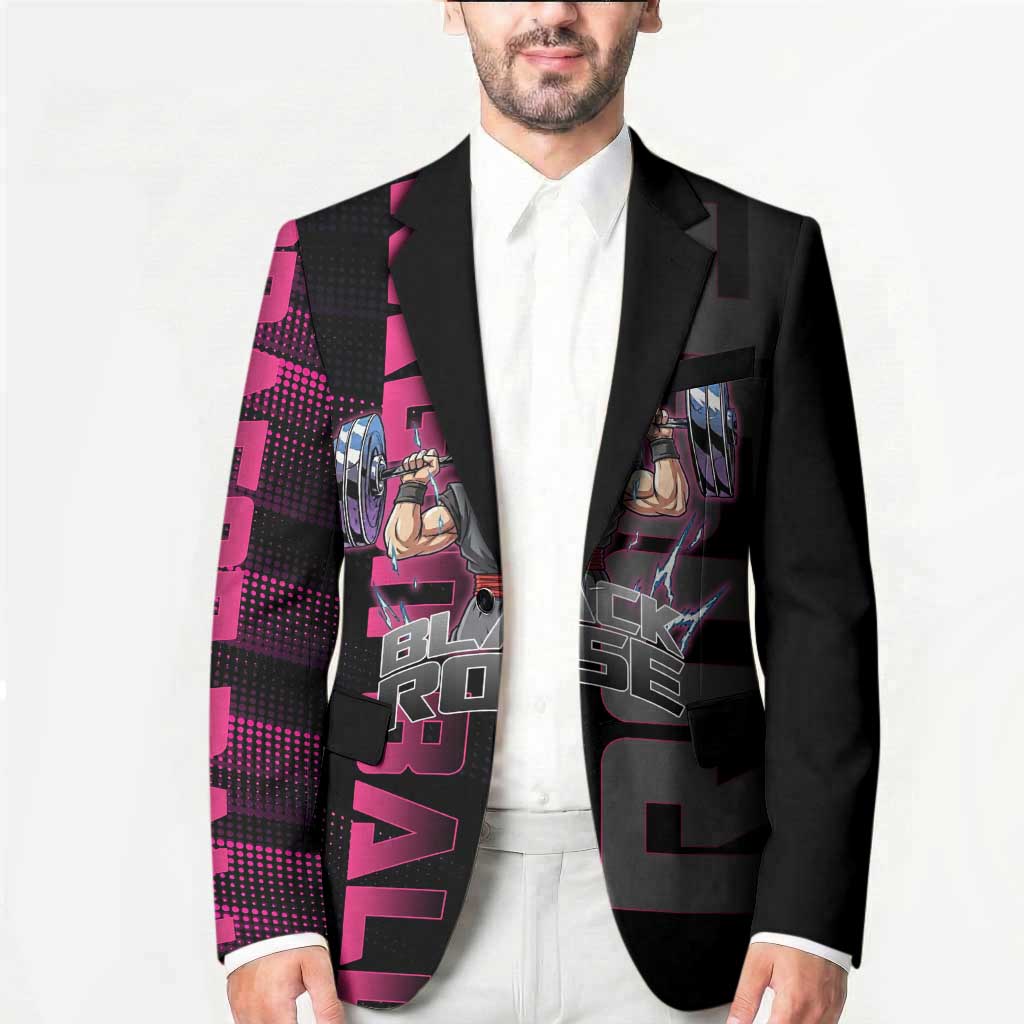 Goku Black Rose Dragon Ball Gym Theme Blazer with Dumbbell Power Lift and Pink Electric Aura on Black Design - The Mazicc