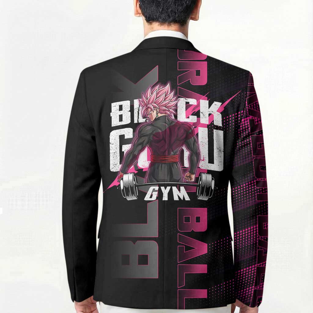 Goku Black Rose Dragon Ball Gym Theme Blazer with Dumbbell Power Lift and Pink Electric Aura on Black Design - The Mazicc
