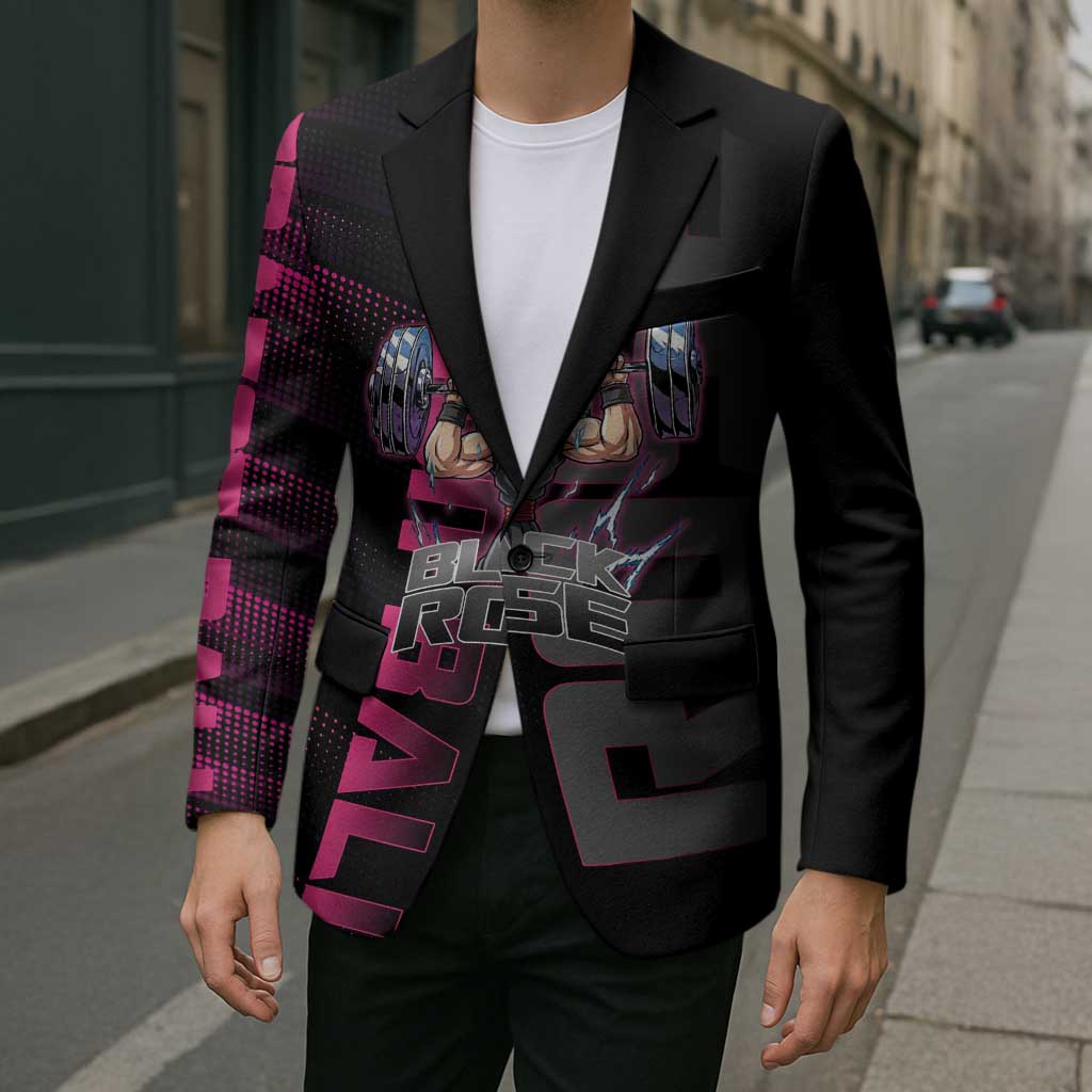 Goku Black Rose Dragon Ball Gym Theme Blazer with Dumbbell Power Lift and Pink Electric Aura on Black Design - The Mazicc
