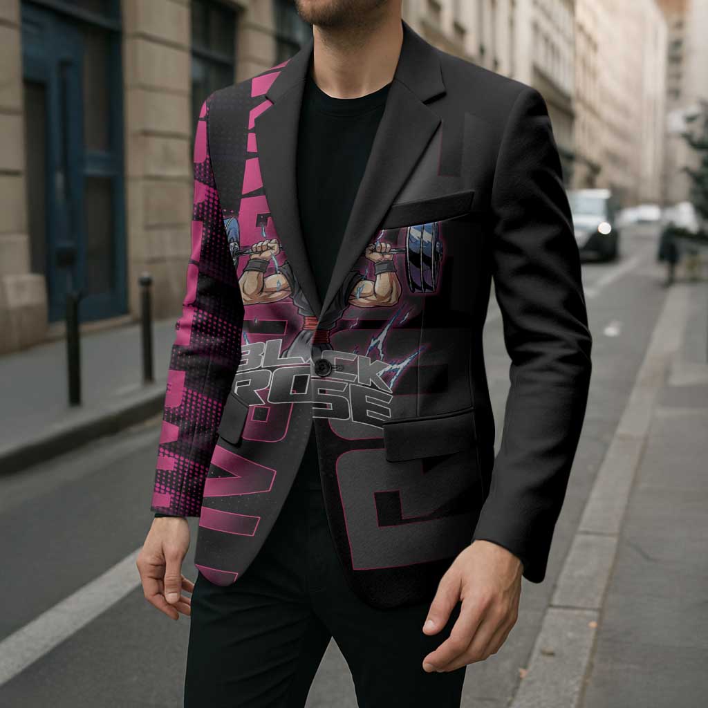 Goku Black Rose Dragon Ball Gym Theme Blazer with Dumbbell Power Lift and Pink Electric Aura on Black Design - The Mazicc