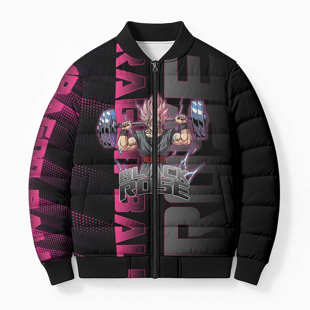 Goku Black Rose Dragon Ball Gym Theme Bomber Puffer Jacket with Dumbbell Power Lift and Pink Electric Aura on Black Design - The Mazicc