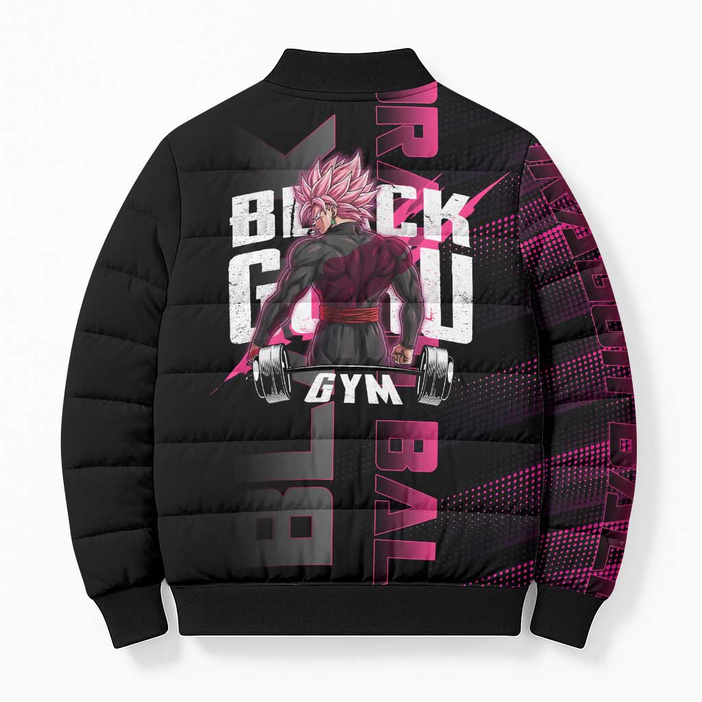 Goku Black Rose Dragon Ball Gym Theme Bomber Puffer Jacket with Dumbbell Power Lift and Pink Electric Aura on Black Design - The Mazicc