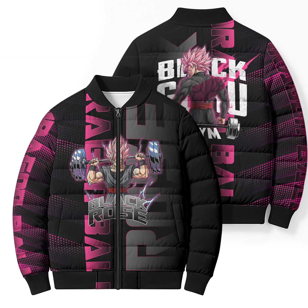 Goku Black Rose Dragon Ball Gym Theme Bomber Puffer Jacket with Dumbbell Power Lift and Pink Electric Aura on Black Design - The Mazicc