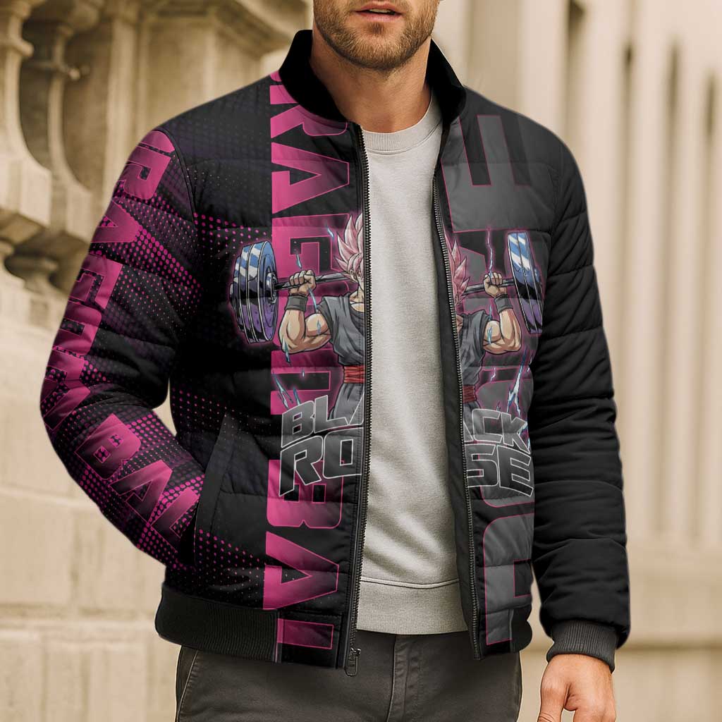 Goku Black Rose Dragon Ball Gym Theme Bomber Puffer Jacket with Dumbbell Power Lift and Pink Electric Aura on Black Design - The Mazicc
