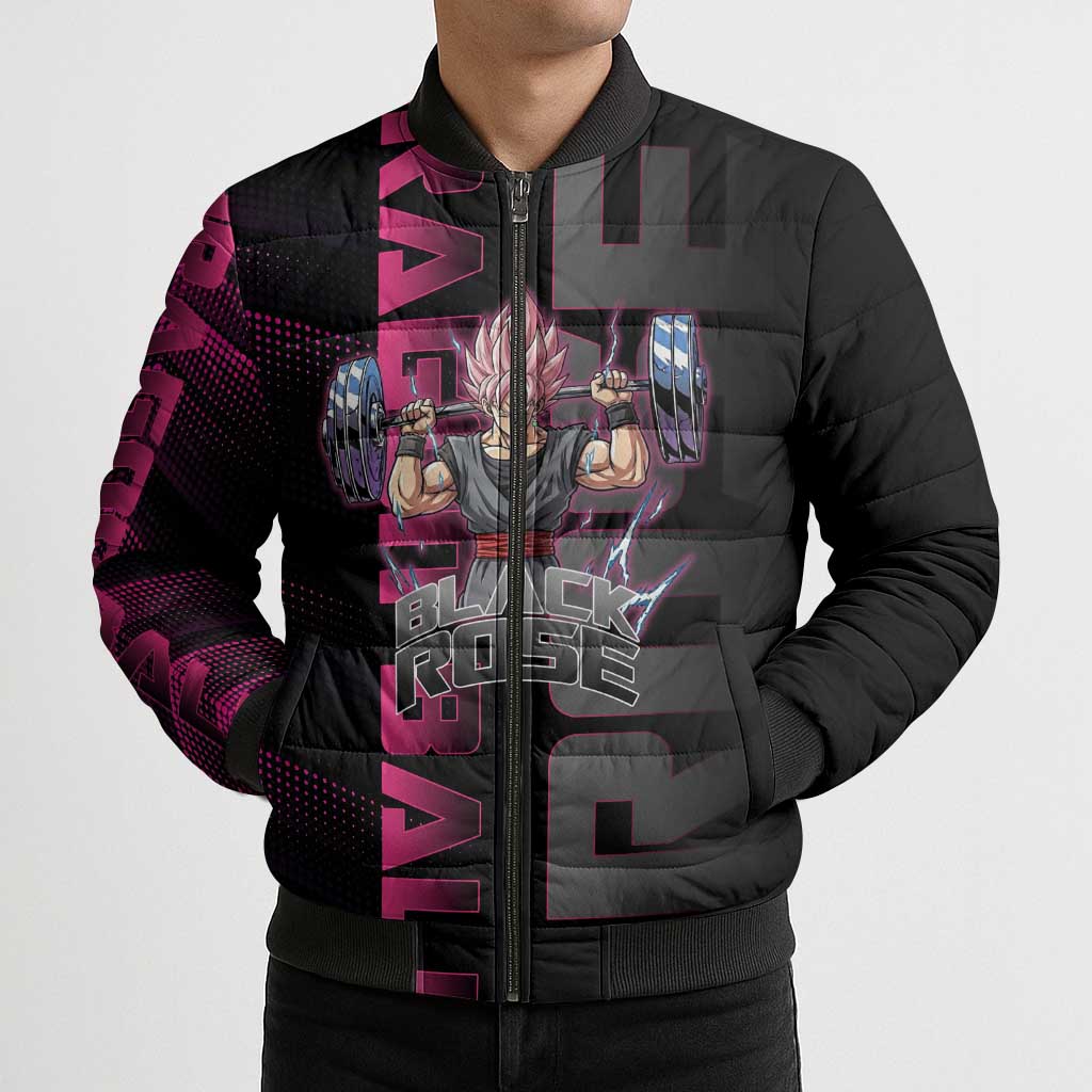 Goku Black Rose Dragon Ball Gym Theme Bomber Puffer Jacket with Dumbbell Power Lift and Pink Electric Aura on Black Design - The Mazicc