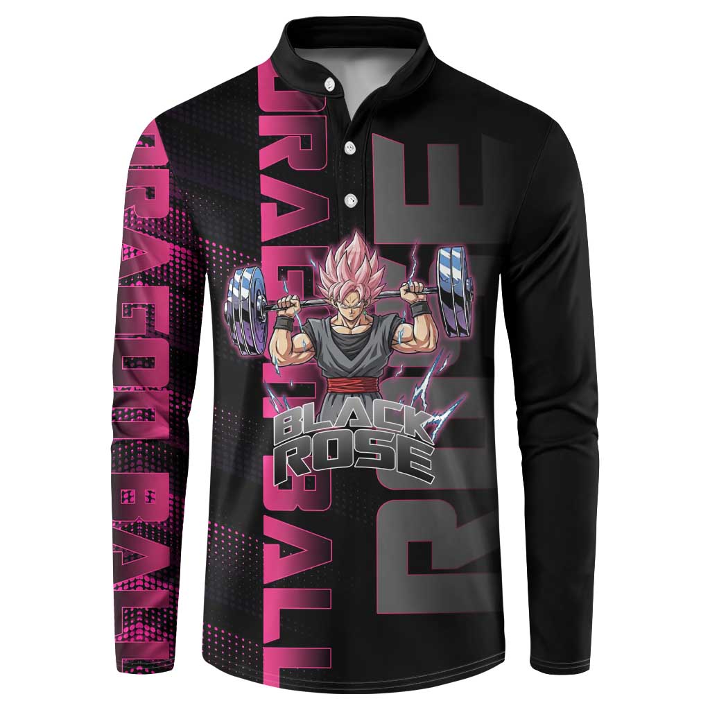 Goku Black Rose Dragon Ball Gym Theme Button Sweatshirt with Dumbbell Power Lift and Pink Electric Aura on Black Design - The Mazicc