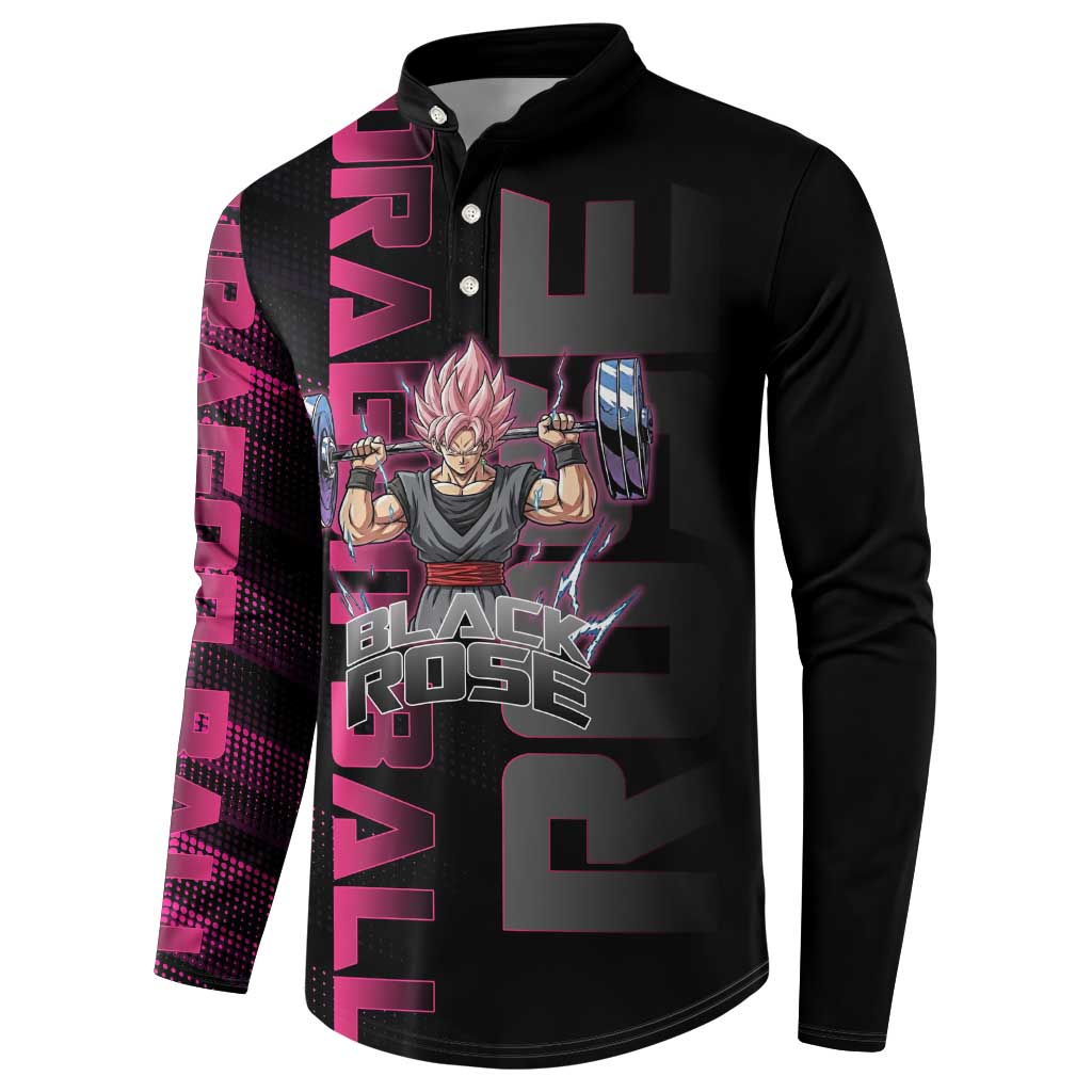 Goku Black Rose Dragon Ball Gym Theme Button Sweatshirt with Dumbbell Power Lift and Pink Electric Aura on Black Design - The Mazicc