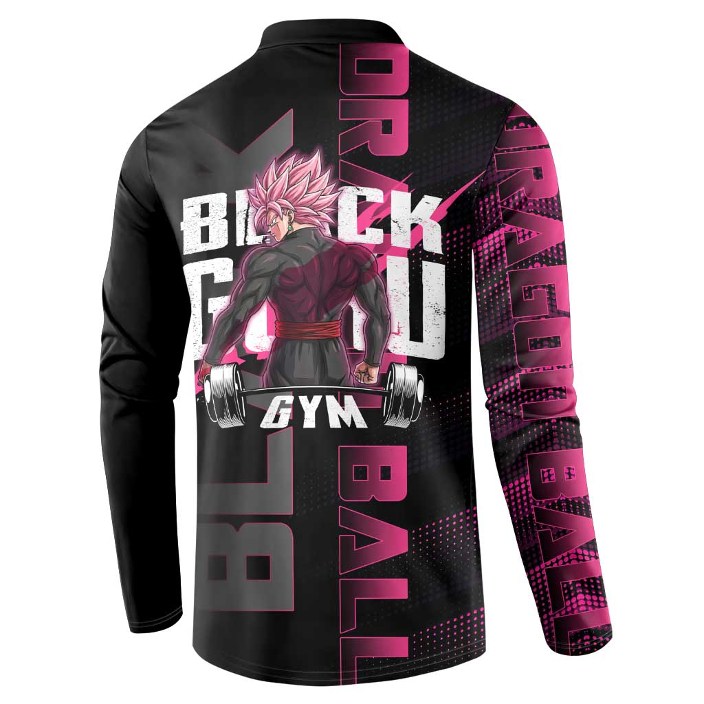Goku Black Rose Dragon Ball Gym Theme Button Sweatshirt with Dumbbell Power Lift and Pink Electric Aura on Black Design - The Mazicc