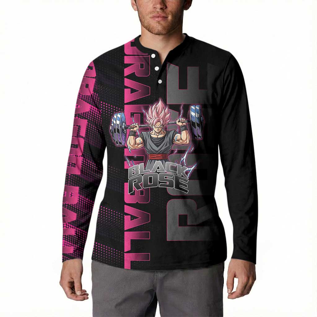 Goku Black Rose Dragon Ball Gym Theme Button Sweatshirt with Dumbbell Power Lift and Pink Electric Aura on Black Design - The Mazicc