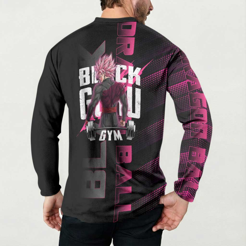 Goku Black Rose Dragon Ball Gym Theme Button Sweatshirt with Dumbbell Power Lift and Pink Electric Aura on Black Design - The Mazicc