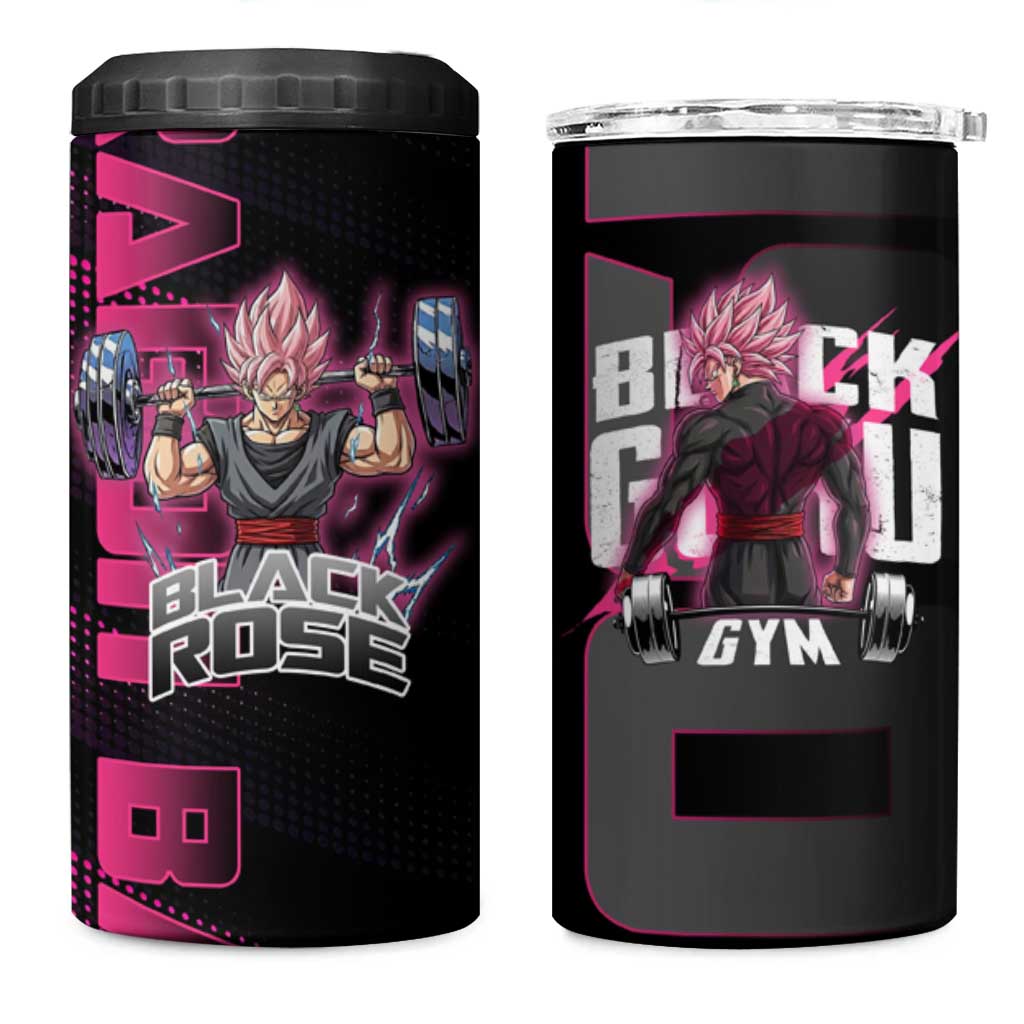 Goku Black Rose Dragon Ball Gym Theme 4 in 1 Can Cooler Tumbler with Dumbbell Power Lift and Pink Electric Aura on Black Design - The Mazicc