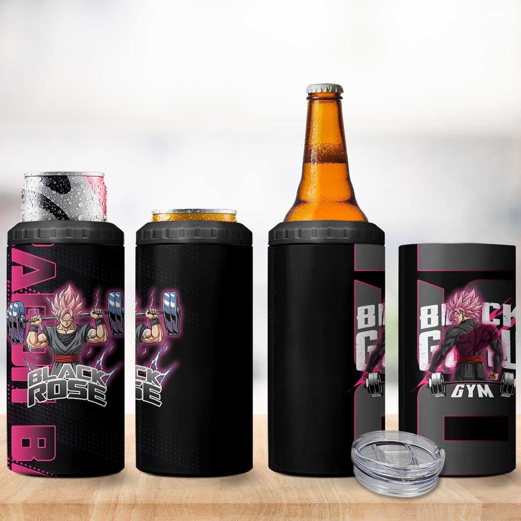 Goku Black Rose Dragon Ball Gym Theme 4 in 1 Can Cooler Tumbler with Dumbbell Power Lift and Pink Electric Aura on Black Design - The Mazicc