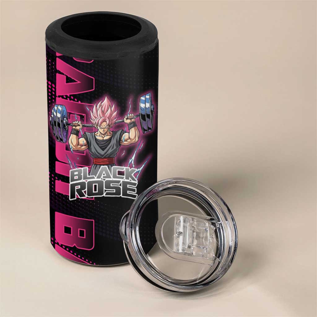 Goku Black Rose Dragon Ball Gym Theme 4 in 1 Can Cooler Tumbler with Dumbbell Power Lift and Pink Electric Aura on Black Design - The Mazicc