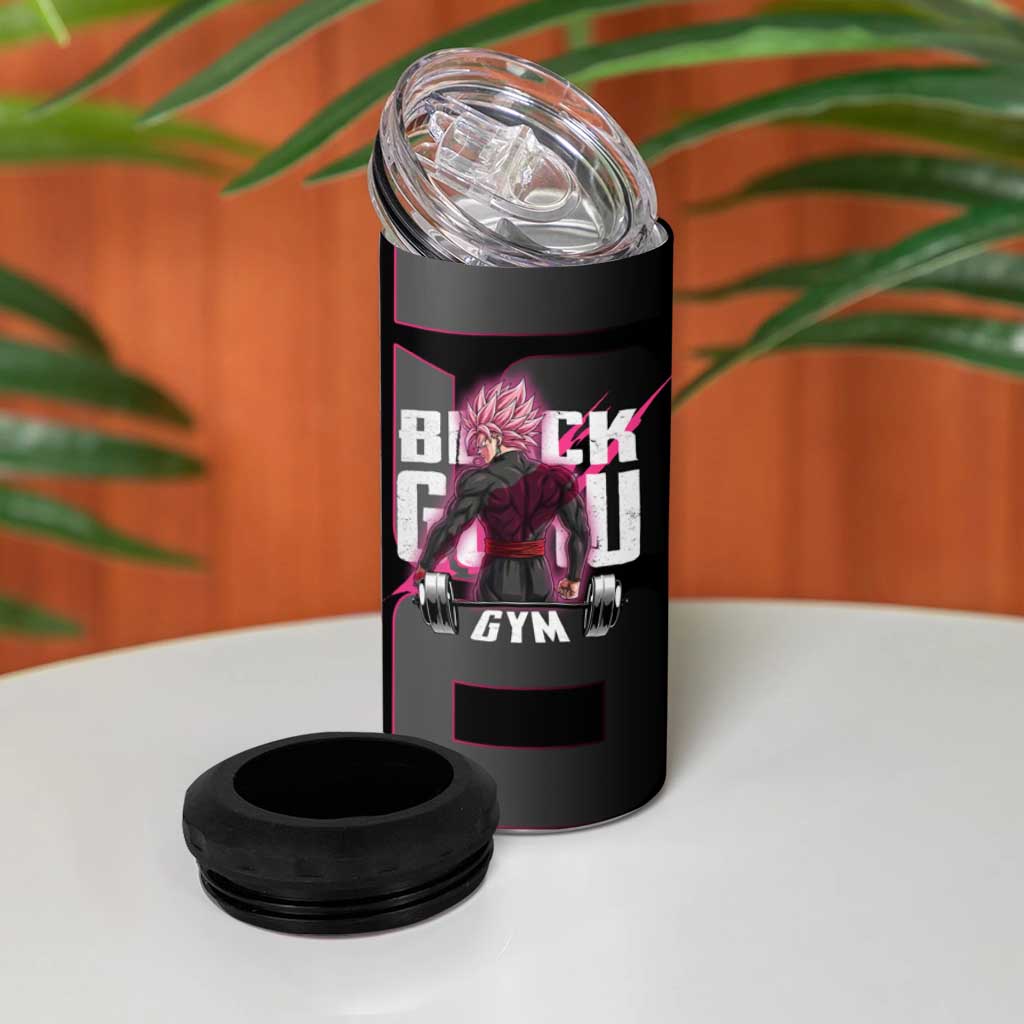 Goku Black Rose Dragon Ball Gym Theme 4 in 1 Can Cooler Tumbler with Dumbbell Power Lift and Pink Electric Aura on Black Design - The Mazicc