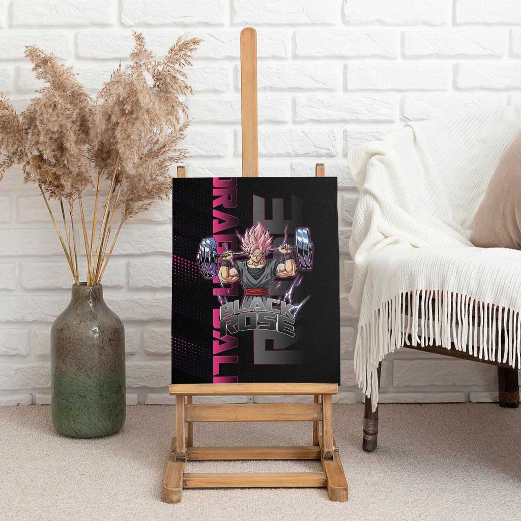 Goku Black Rose Dragon Ball Gym Theme Canvas Wall Art with Dumbbell Power Lift and Pink Electric Aura on Black Design - The Mazicc