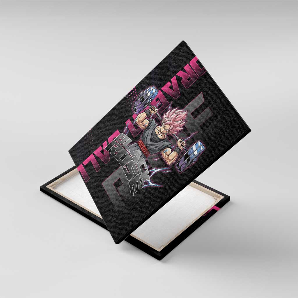 Goku Black Rose Dragon Ball Gym Theme Canvas Wall Art with Dumbbell Power Lift and Pink Electric Aura on Black Design - The Mazicc