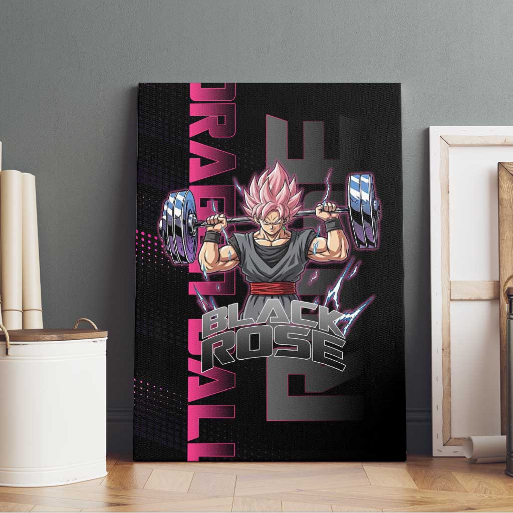 Goku Black Rose Dragon Ball Gym Theme Canvas Wall Art with Dumbbell Power Lift and Pink Electric Aura on Black Design - The Mazicc