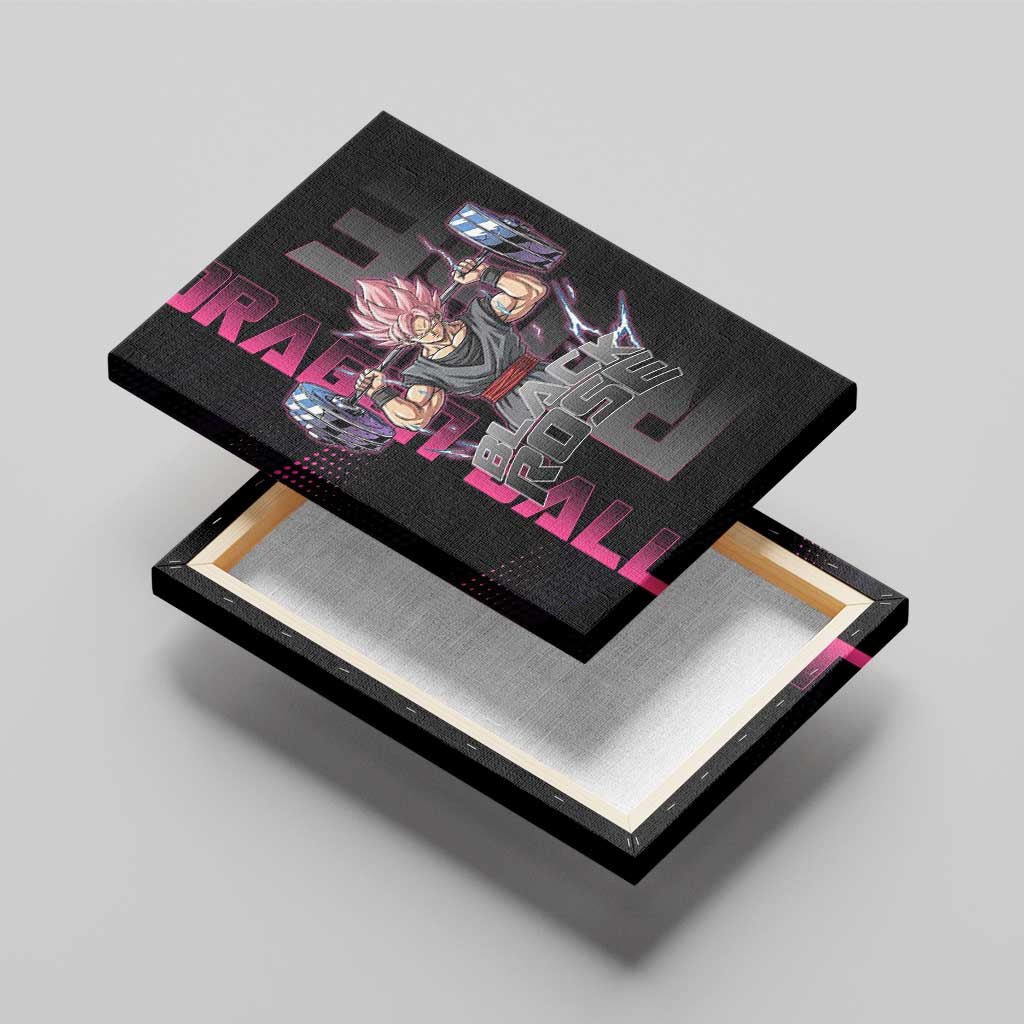 Goku Black Rose Dragon Ball Gym Theme Canvas Wall Art with Dumbbell Power Lift and Pink Electric Aura on Black Design - The Mazicc