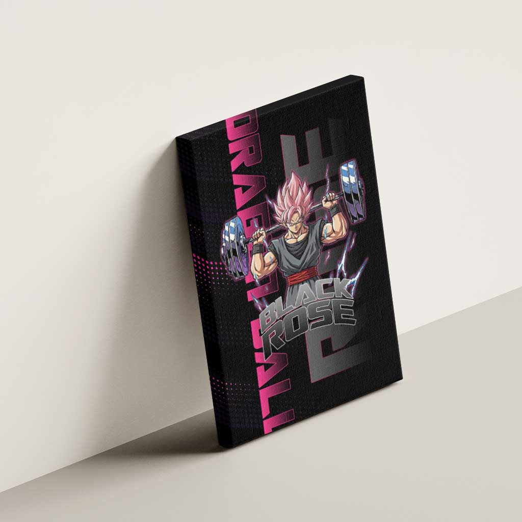 Goku Black Rose Dragon Ball Gym Theme Canvas Wall Art with Dumbbell Power Lift and Pink Electric Aura on Black Design - The Mazicc