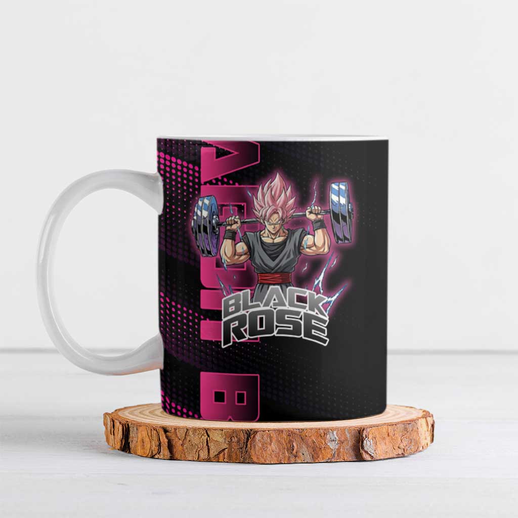 Goku Black Rose Dragon Ball Gym Theme Ceramic Mug with Dumbbell Power Lift and Pink Electric Aura on Black Design - The Mazicc