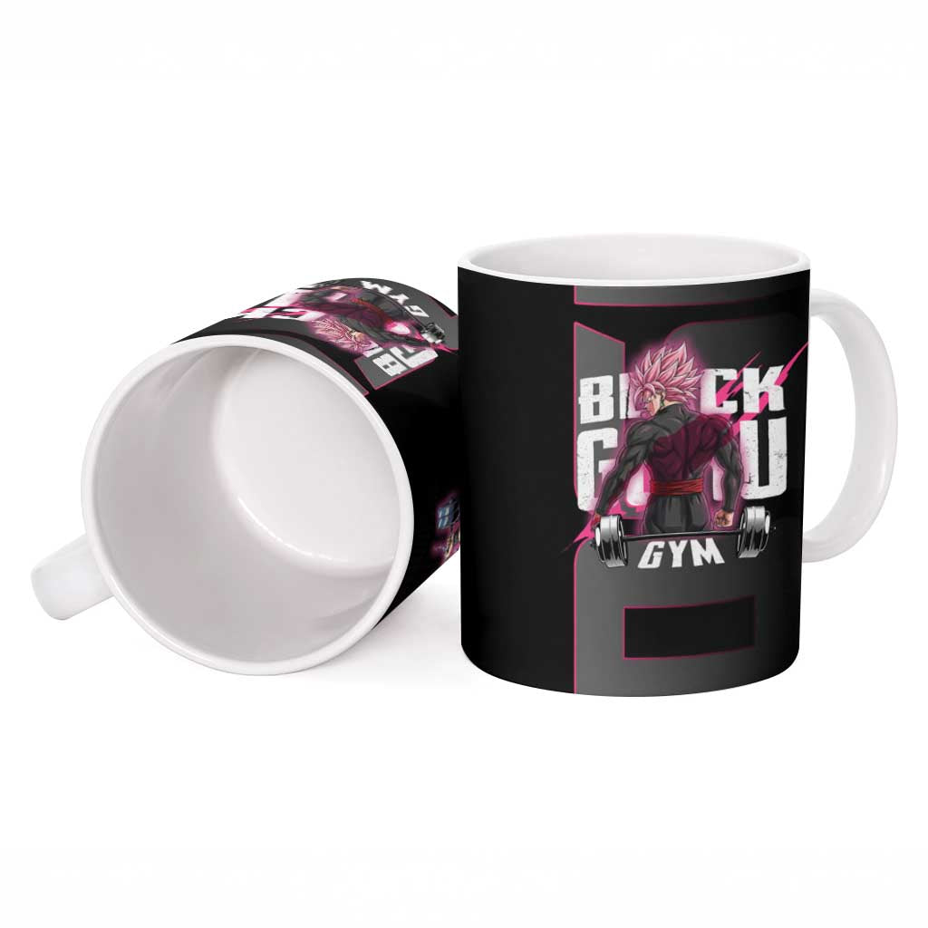 Goku Black Rose Dragon Ball Gym Theme Ceramic Mug with Dumbbell Power Lift and Pink Electric Aura on Black Design - The Mazicc