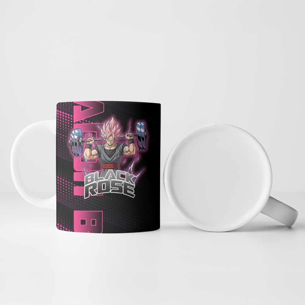 Goku Black Rose Dragon Ball Gym Theme Ceramic Mug with Dumbbell Power Lift and Pink Electric Aura on Black Design - The Mazicc