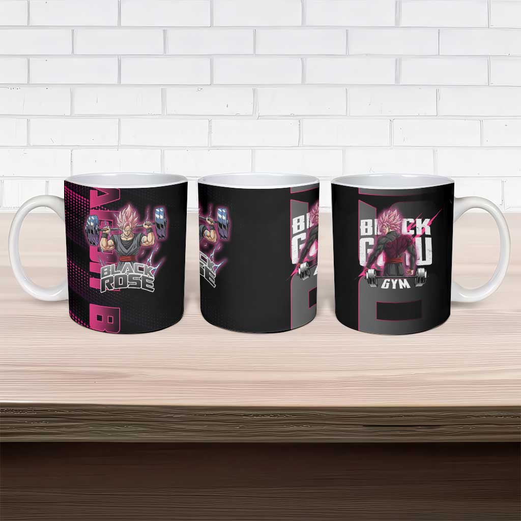 Goku Black Rose Dragon Ball Gym Theme Ceramic Mug with Dumbbell Power Lift and Pink Electric Aura on Black Design - The Mazicc