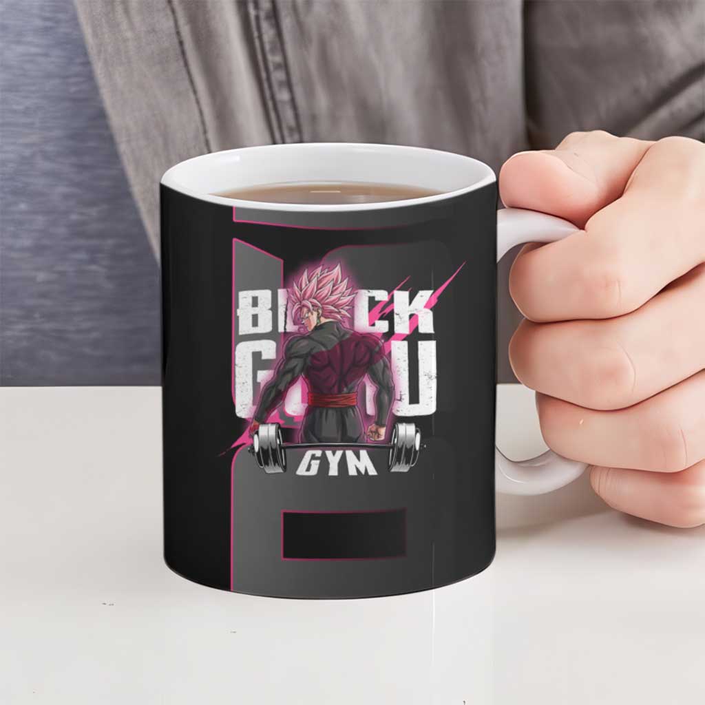 Goku Black Rose Dragon Ball Gym Theme Ceramic Mug with Dumbbell Power Lift and Pink Electric Aura on Black Design - The Mazicc