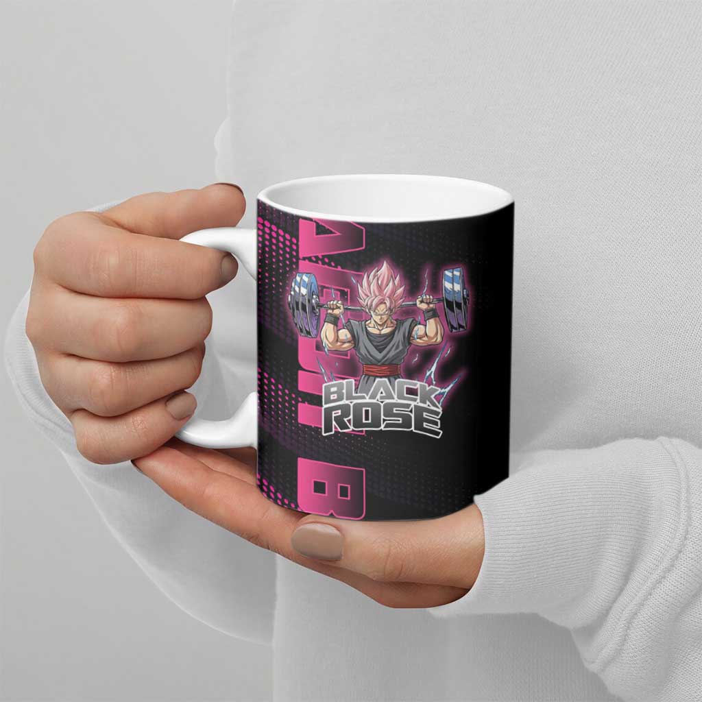 Goku Black Rose Dragon Ball Gym Theme Ceramic Mug with Dumbbell Power Lift and Pink Electric Aura on Black Design - The Mazicc