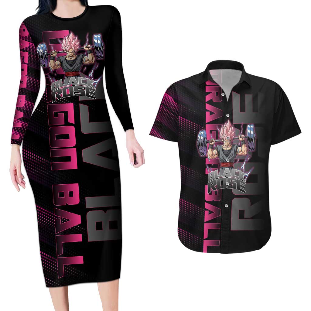 Goku Black Rose Dragon Ball Gym Theme Couples Matching Long Sleeve Bodycon Dress and Hawaiian Shirt with Dumbbell Power Lift and Pink Electric Aura on Black Design - The Mazicc